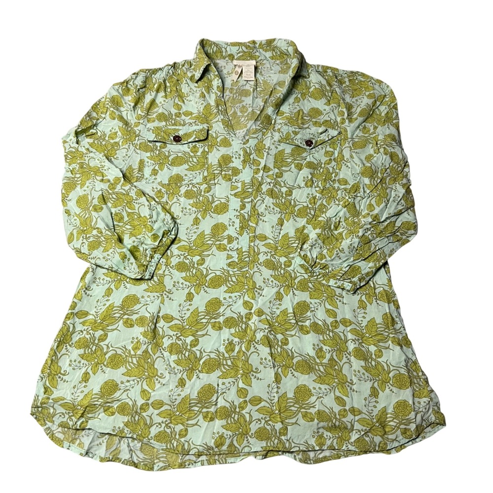 Matilda Jane Women Sm Floral Tunic Top Sage Green Rayon 3/4 Sleeve Boho Blouse
